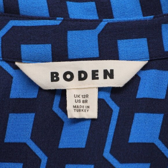 BODEN Flo Tiered Midi Shirt Dress Tie Belt Blue Geo Print Long Sleeve US Size 8 - Picture 7 of 8